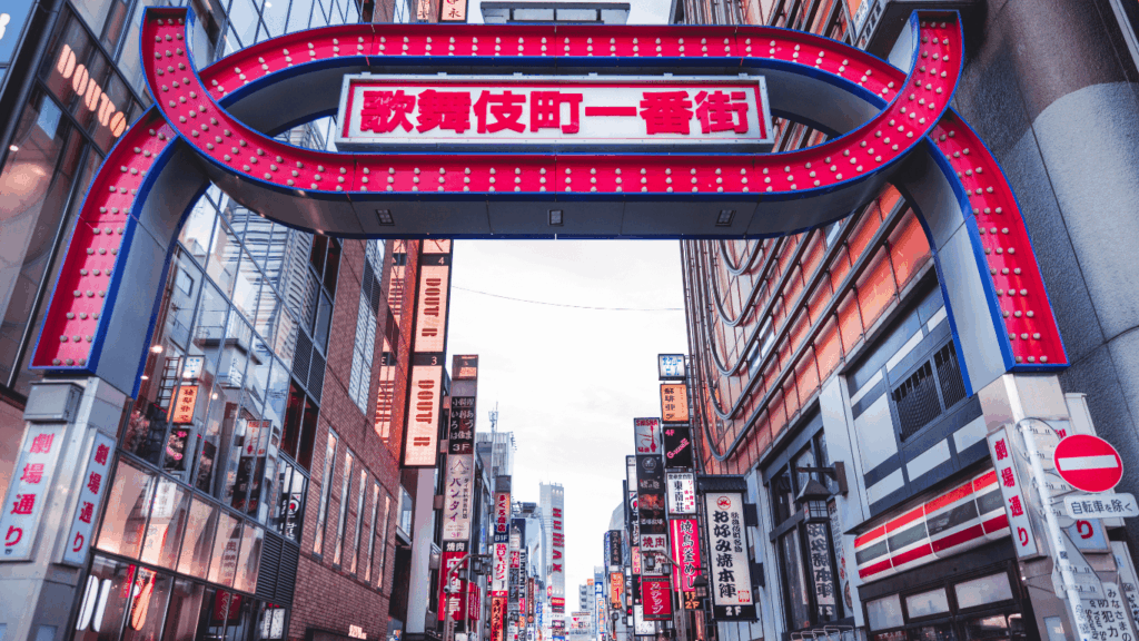 Kabukicho entertainment district in Tokyo with colorful neon signs